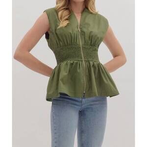NEW ENTRO sleeveless smocked waist peplum top in olive